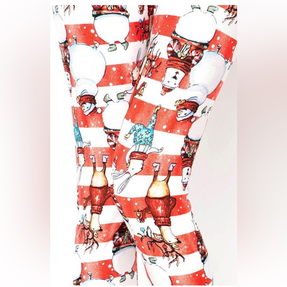 NWT! Plus Size Christmas Snowman & Stripe Print Brushed Leggings Soft 1x-3x